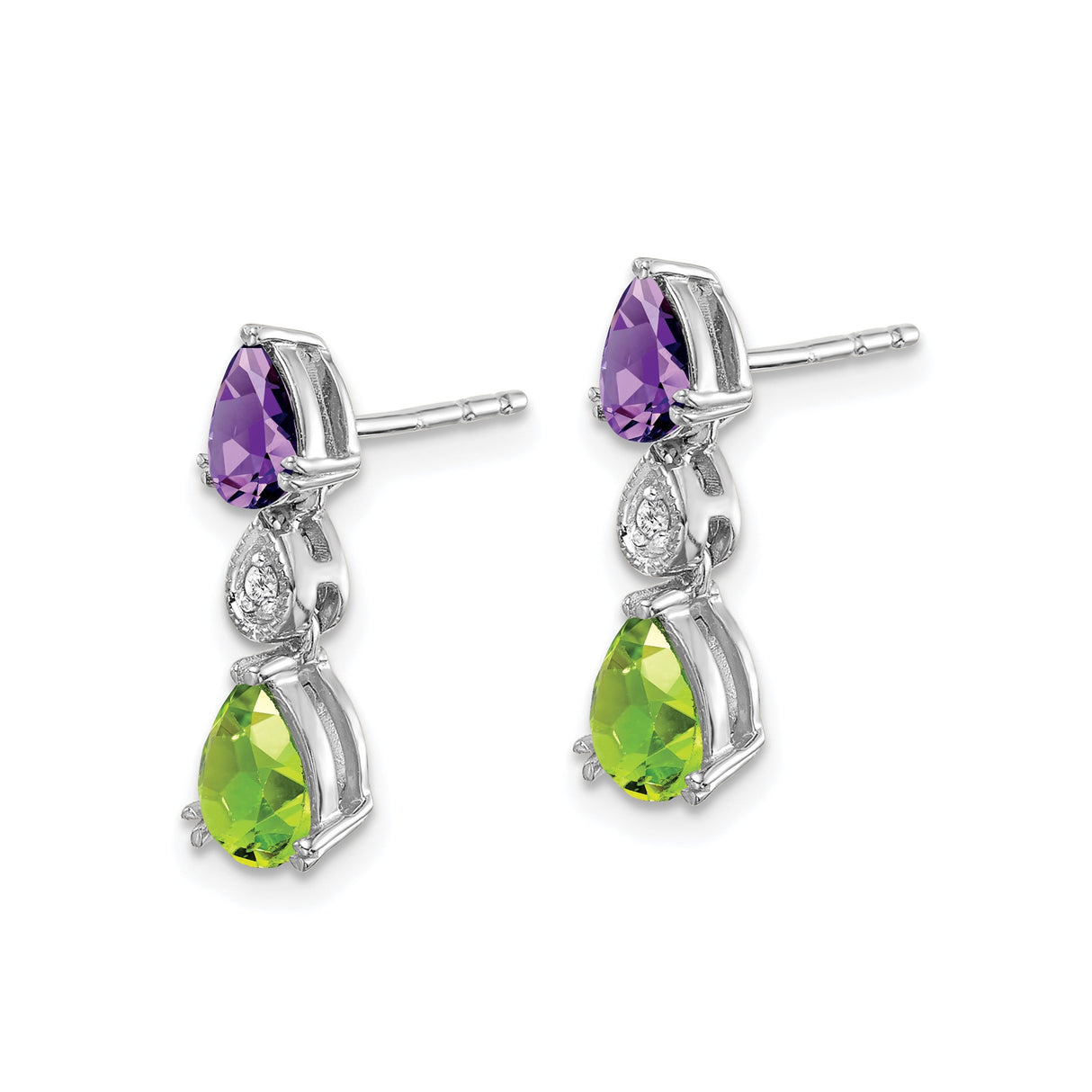 14k White Gold Dangle Earrings with Amethyst and Peridot, Diamond Accent Drop Design