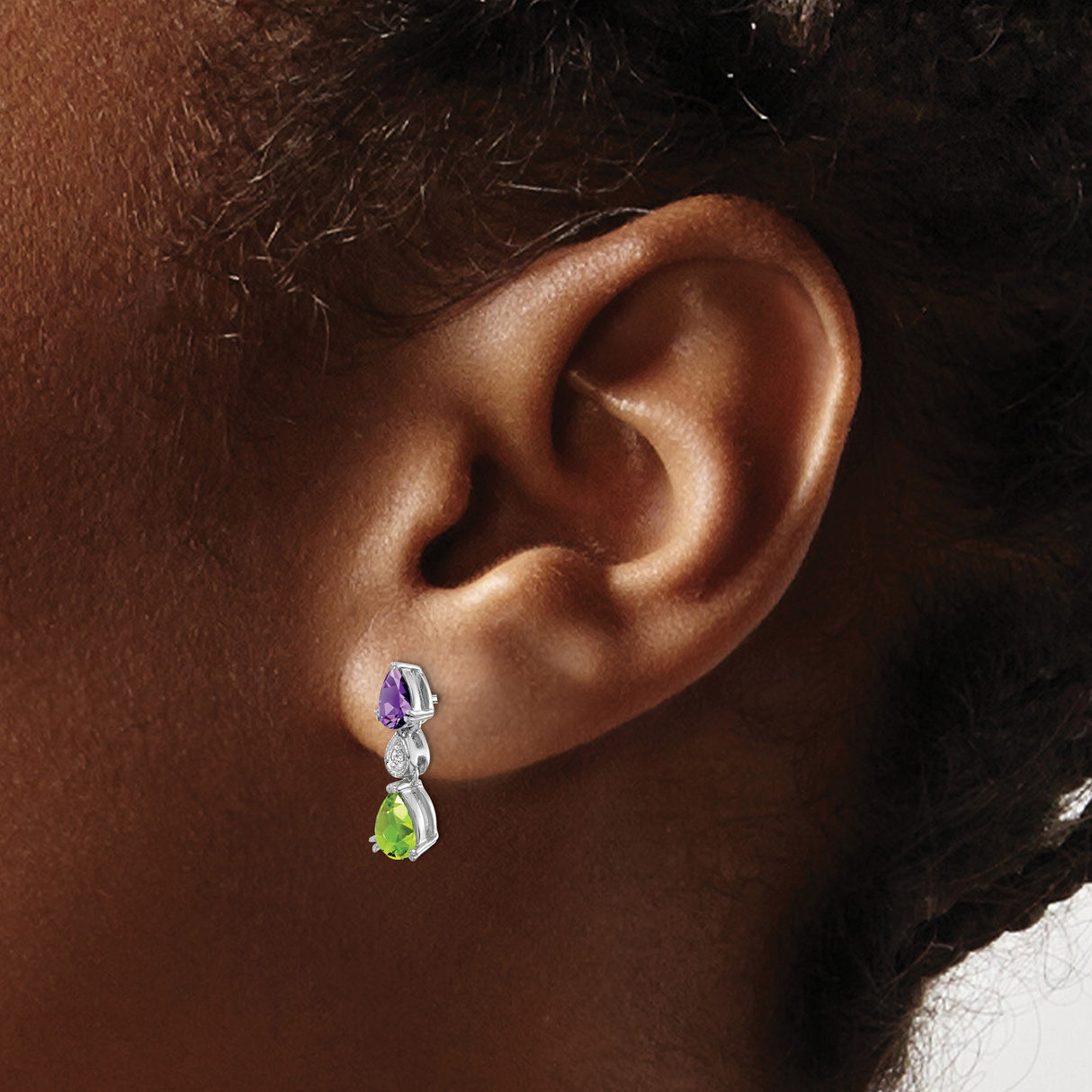 14k White Gold Dangle Earrings with Amethyst and Peridot, Diamond Accent Drop Design
