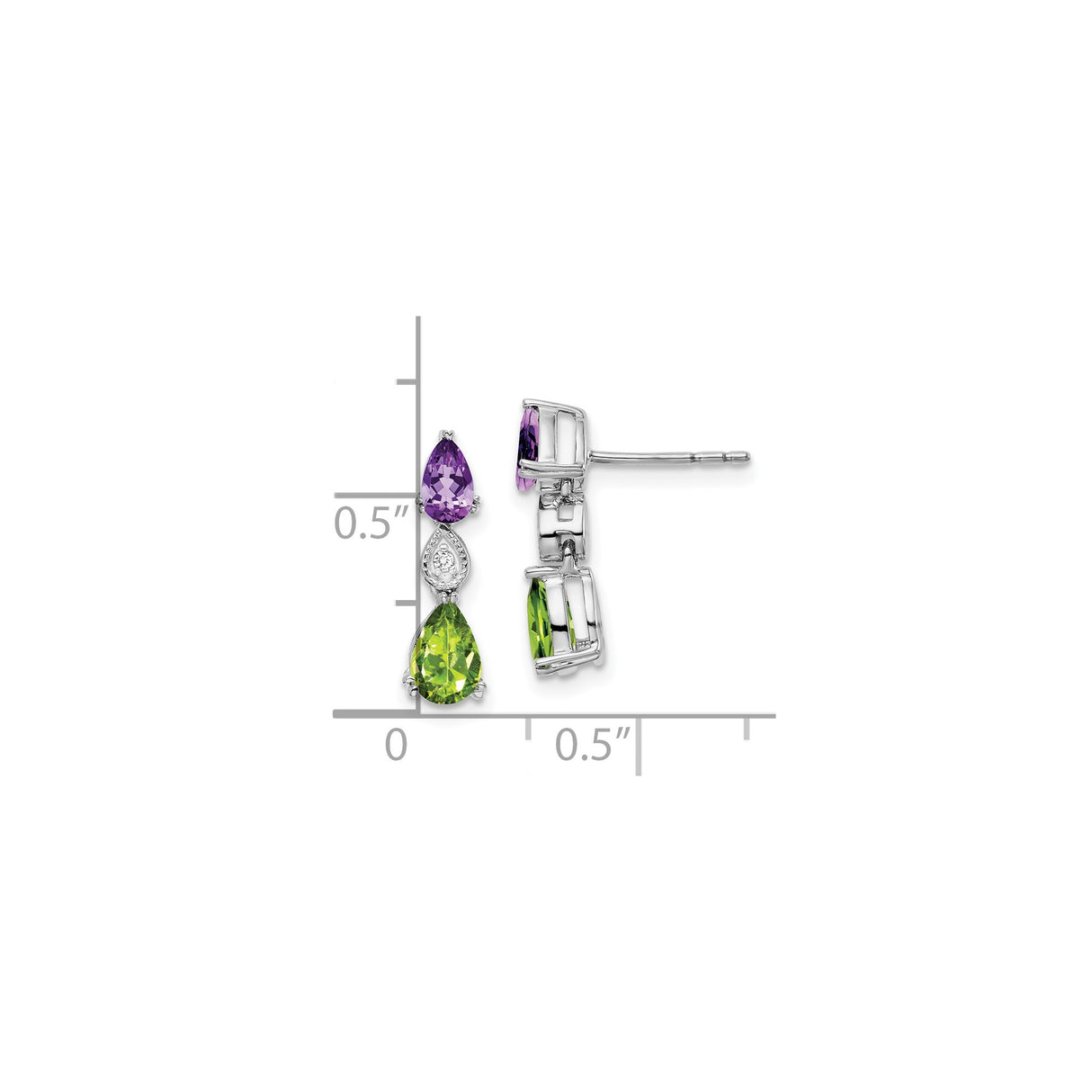 14k White Gold Dangle Earrings with Amethyst and Peridot, Diamond Accent Drop Design