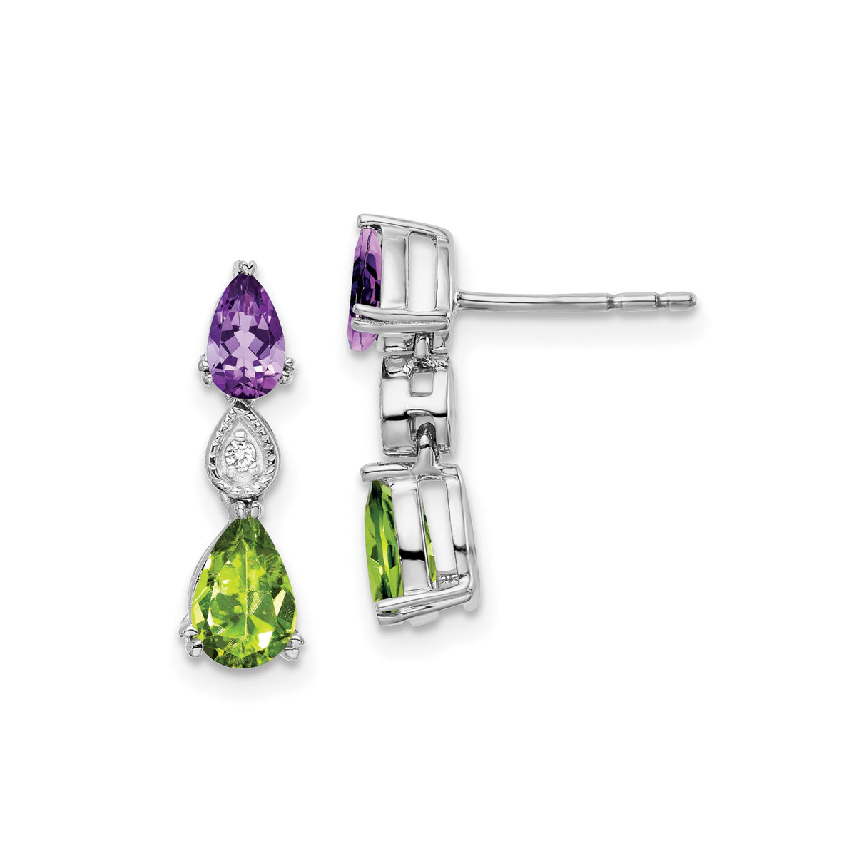 14k White Gold Dangle Earrings with Amethyst and Peridot, Diamond Accent Drop Design