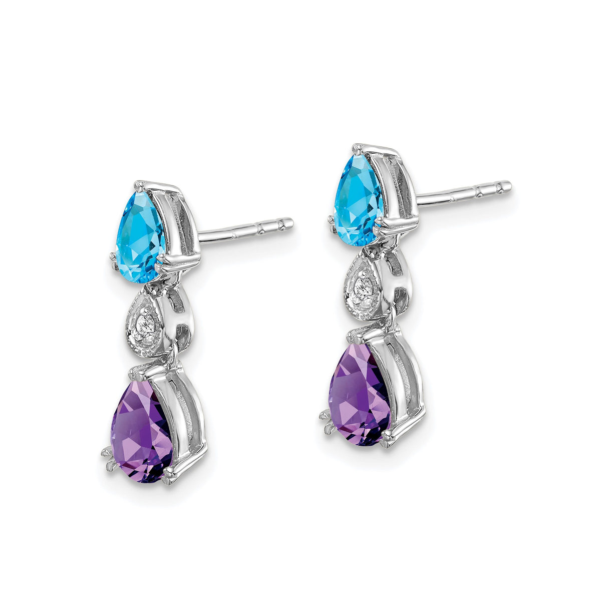 14k White Gold Dangle Earrings with Amethyst and Swiss Blue Topaz, Teardrop Design