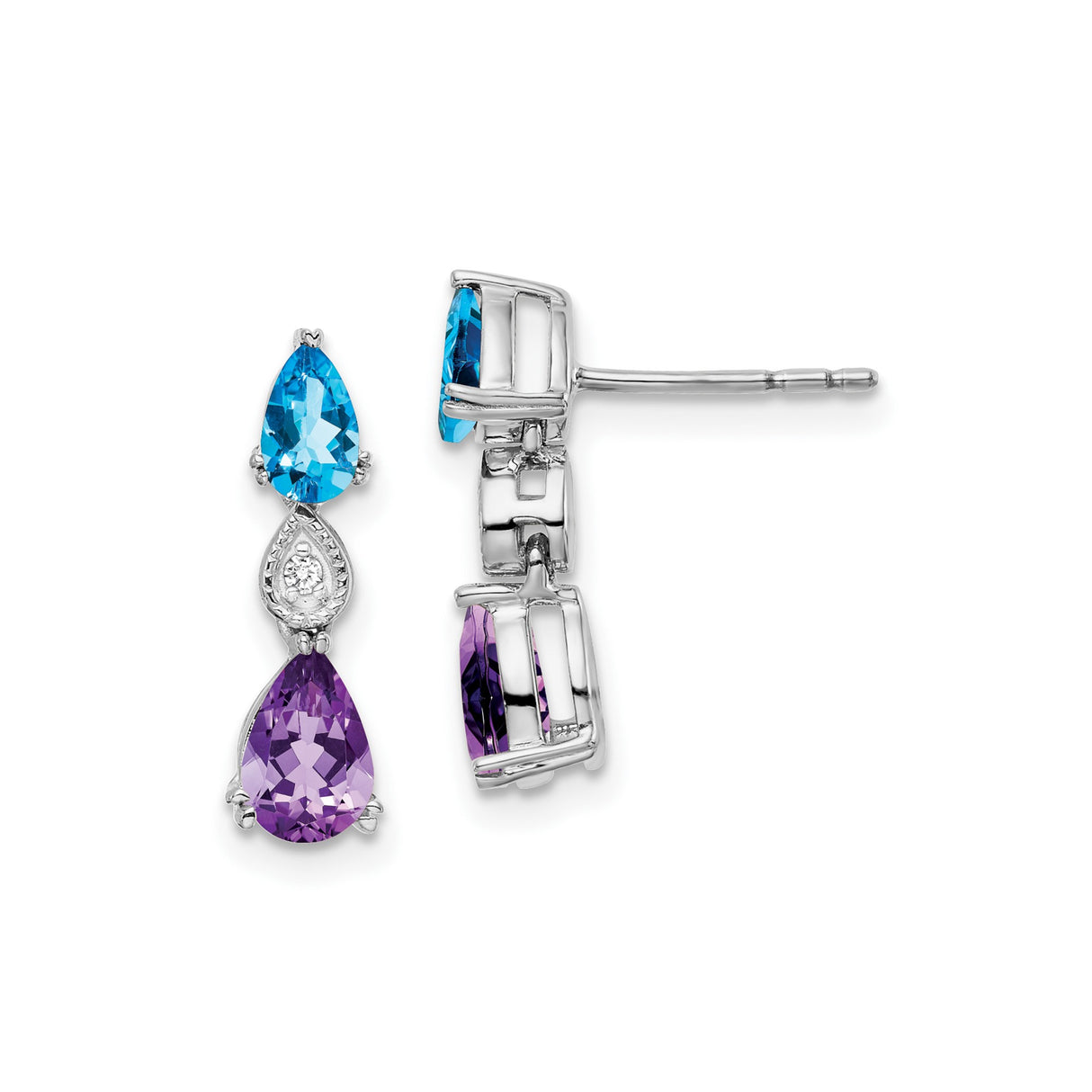 14k White Gold Dangle Earrings with Amethyst and Swiss Blue Topaz, Teardrop Design