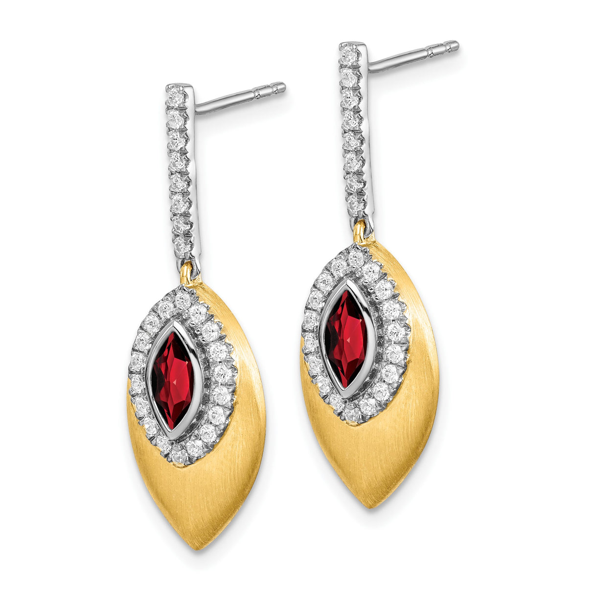 14k Yellow Gold Dangle Earrings with Garnet and Diamond Accents, Leaf Drop Design for Women