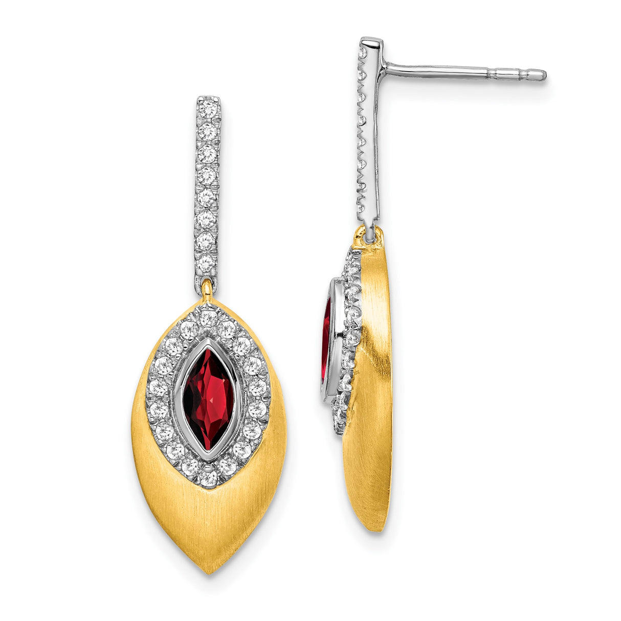 14k Yellow Gold Dangle Earrings with Garnet and Diamond Accents, Leaf Drop Design for Women