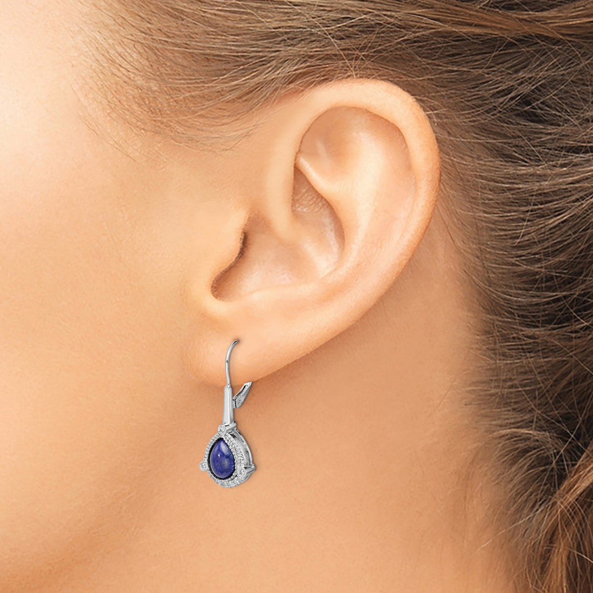 14k White Gold Teardrop Earrings with Lapis and Diamond, Leverback Dangle Design for Women
