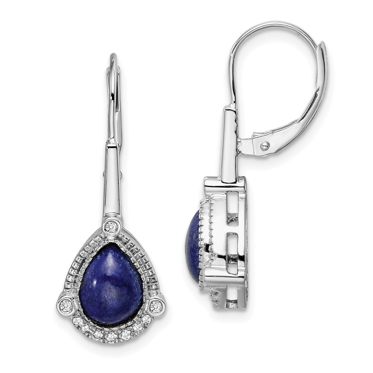 14k White Gold Teardrop Earrings with Lapis and Diamond, Leverback Dangle Design for Women