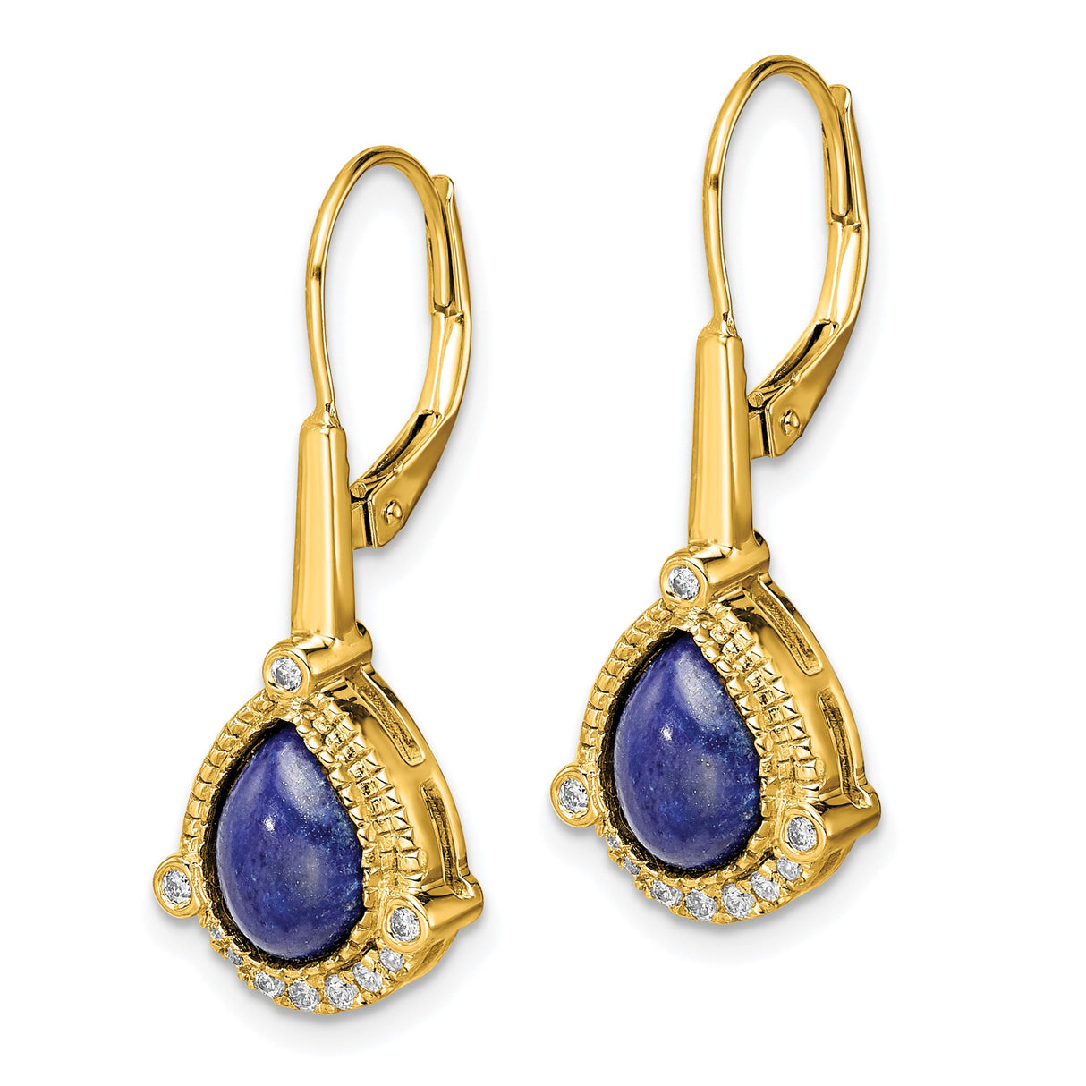 14k Yellow Gold Dangle Earrings with Lapis and Diamond Accents, Teardrop Leverback Design