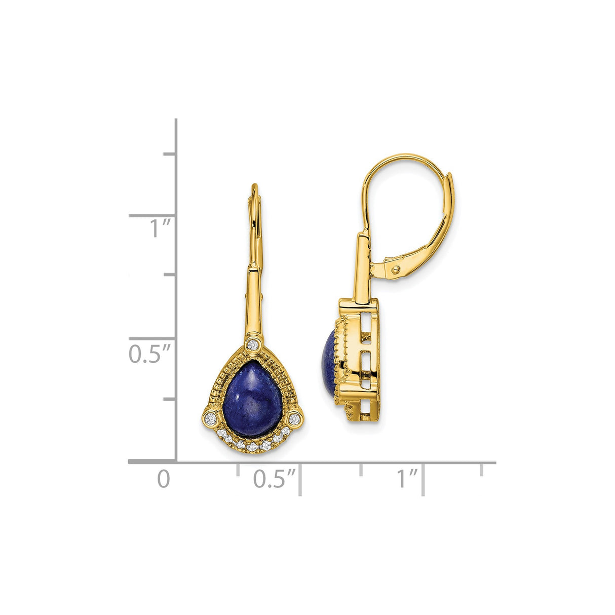 14k Yellow Gold Dangle Earrings with Lapis and Diamond Accents, Teardrop Leverback Design