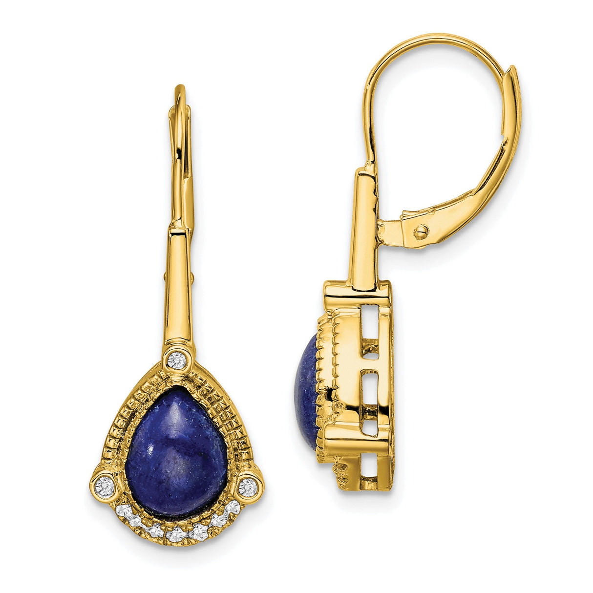 14k Yellow Gold Dangle Earrings with Lapis and Diamond Accents, Teardrop Leverback Design