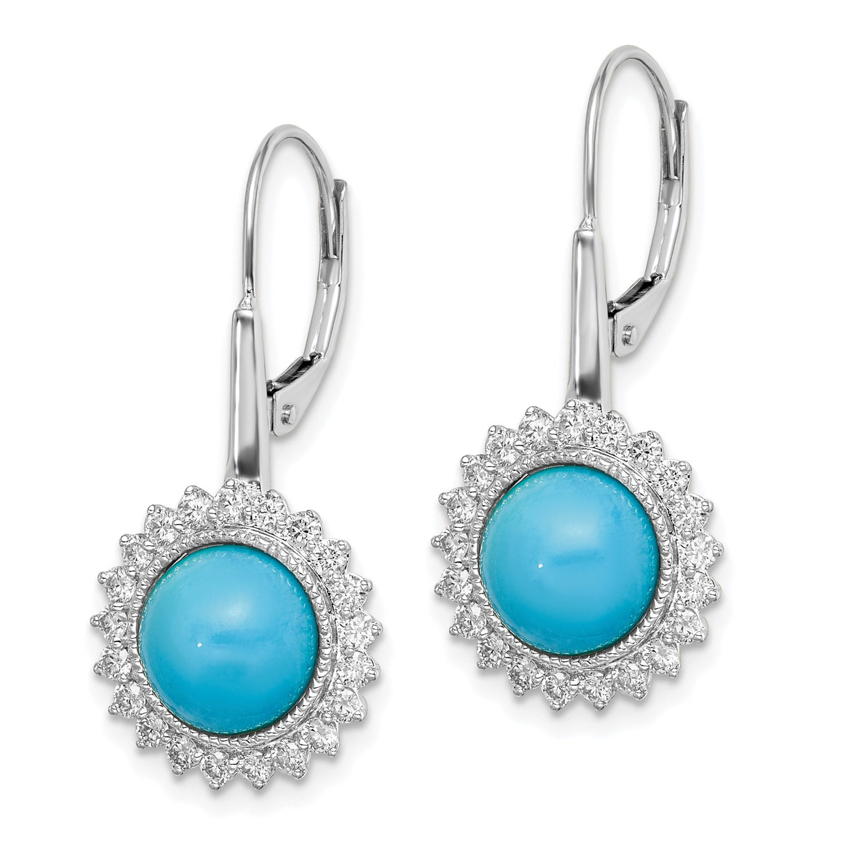 14k White Gold Dangle Earrings with Turquoise and Diamond Halo Floral Design