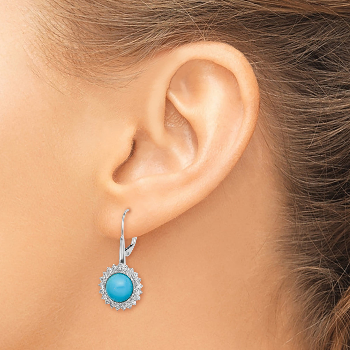 14k White Gold Dangle Earrings with Turquoise and Diamond Halo Floral Design