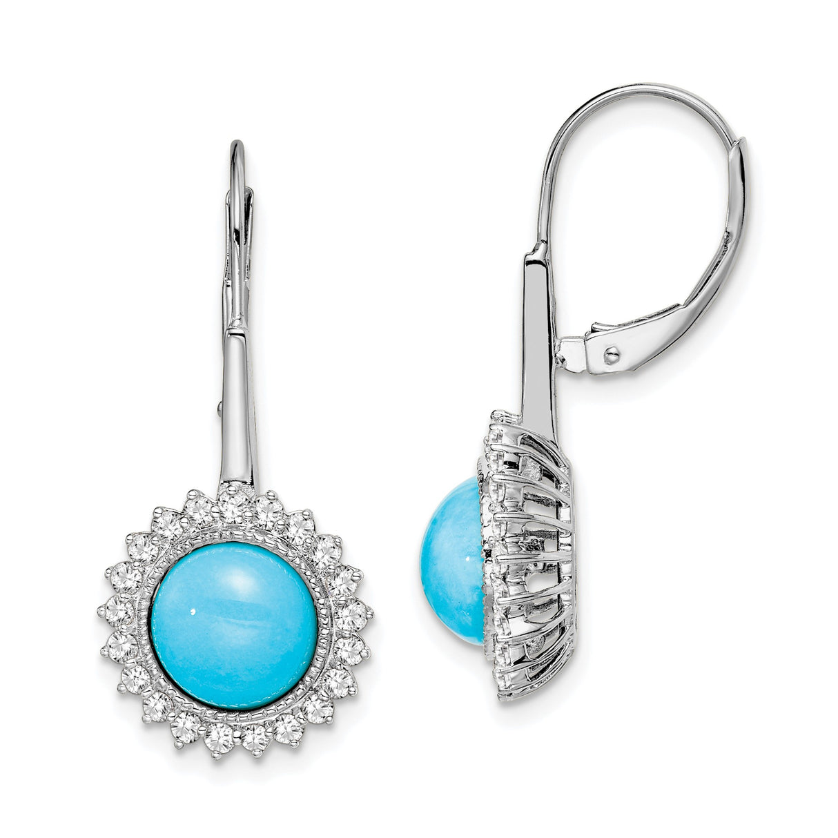 14k White Gold Dangle Earrings with Turquoise and Diamond Halo Floral Design