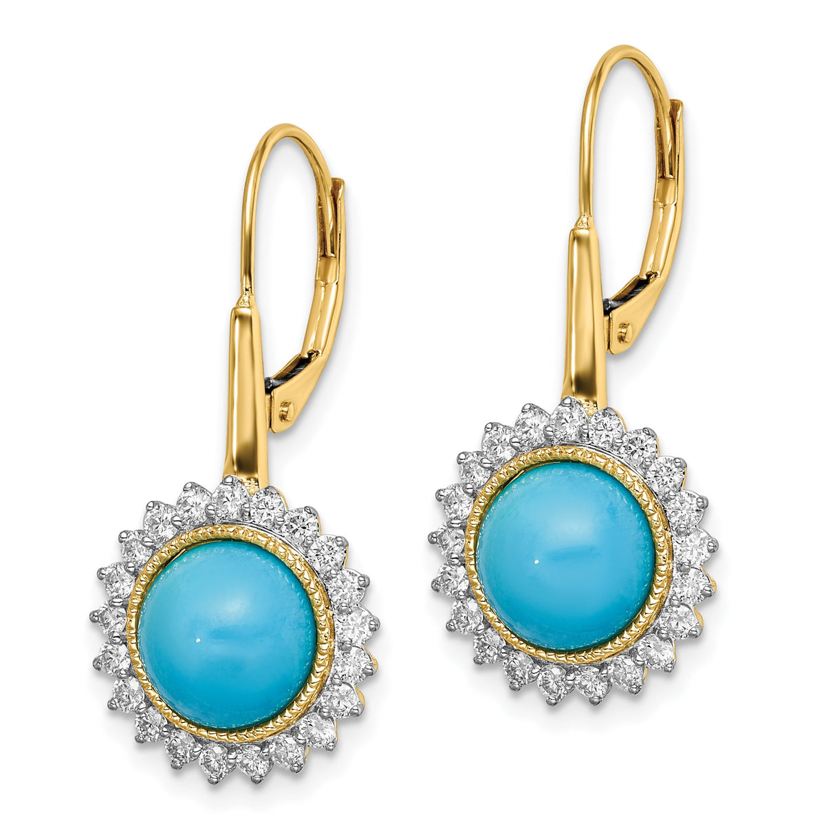 14k Yellow Gold Drop Earrings with Turquoise and Diamond Halo Floral Design