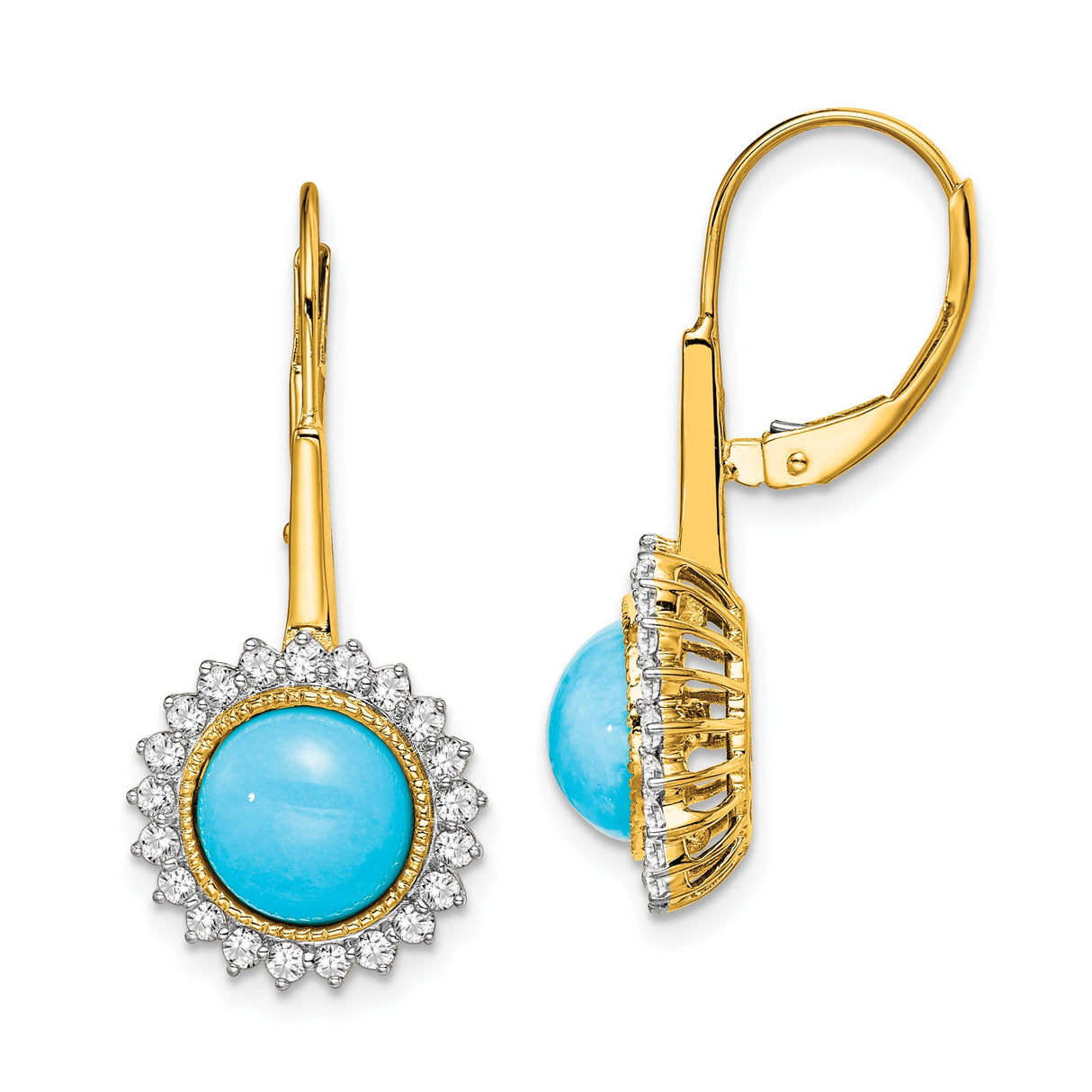 14k Yellow Gold Drop Earrings with Turquoise and Diamond Halo Floral Design