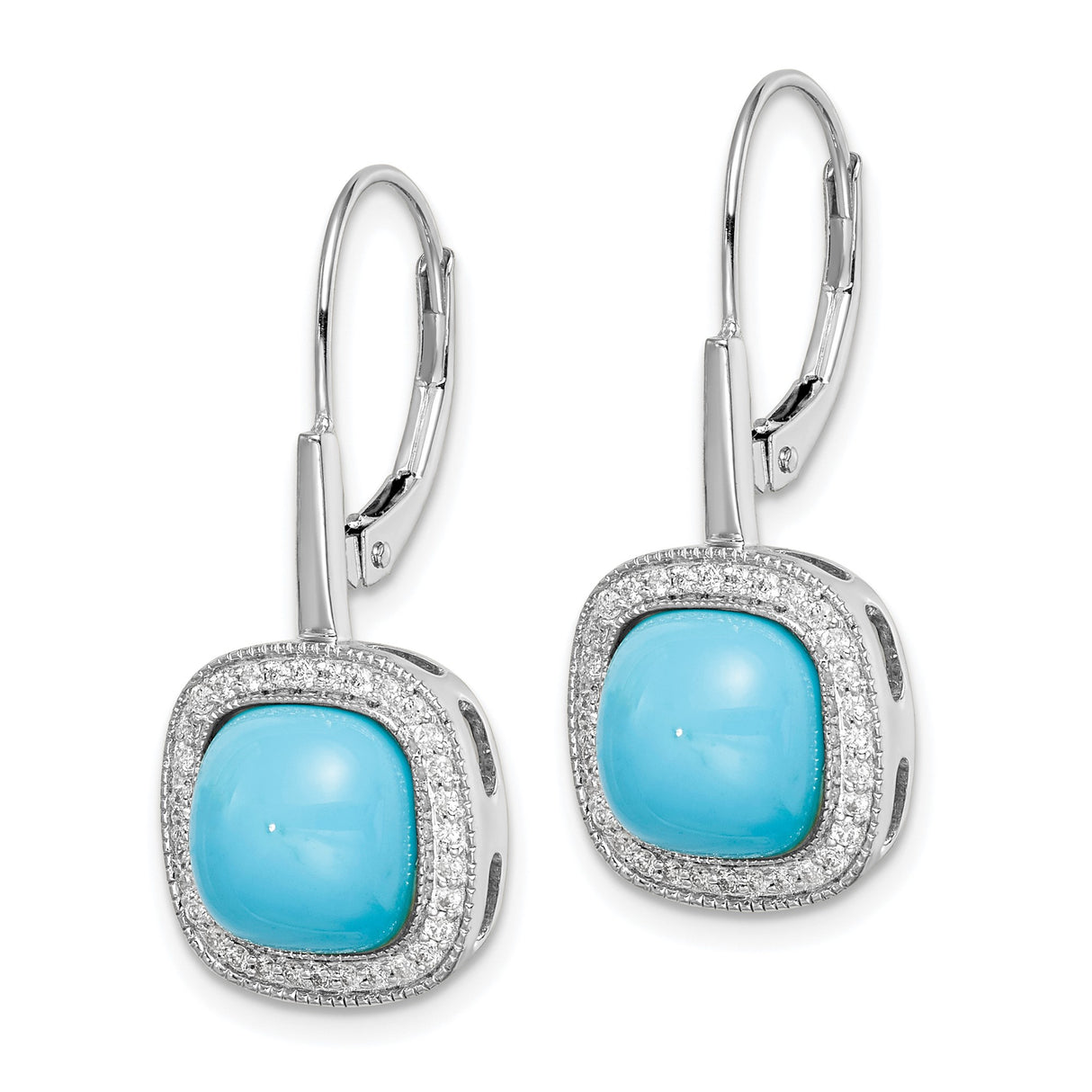 14k White Gold Leverback Earrings with Cushion Cut Turquoise and Diamond Halo