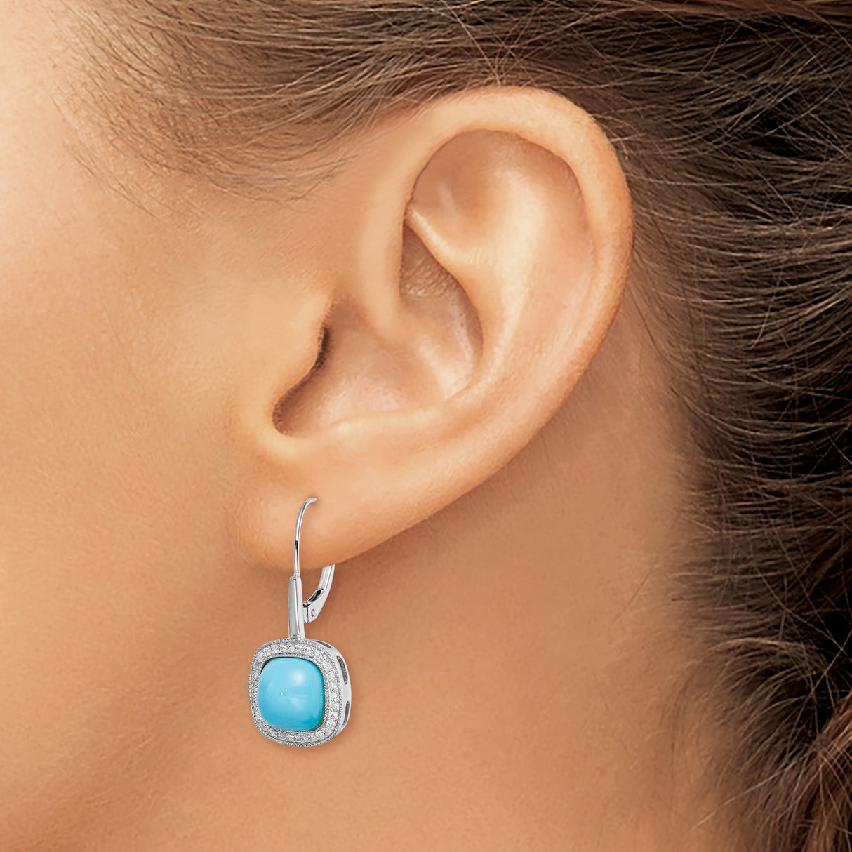 14k White Gold Leverback Earrings with Cushion Cut Turquoise and Diamond Halo