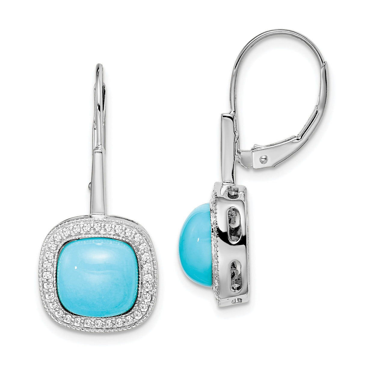 14k White Gold Leverback Earrings with Cushion Cut Turquoise and Diamond Halo