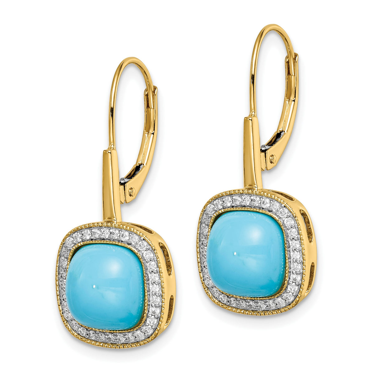 14k Yellow Gold Dangle Earrings with Cushion Cut Turquoise and Diamond Halo Accents