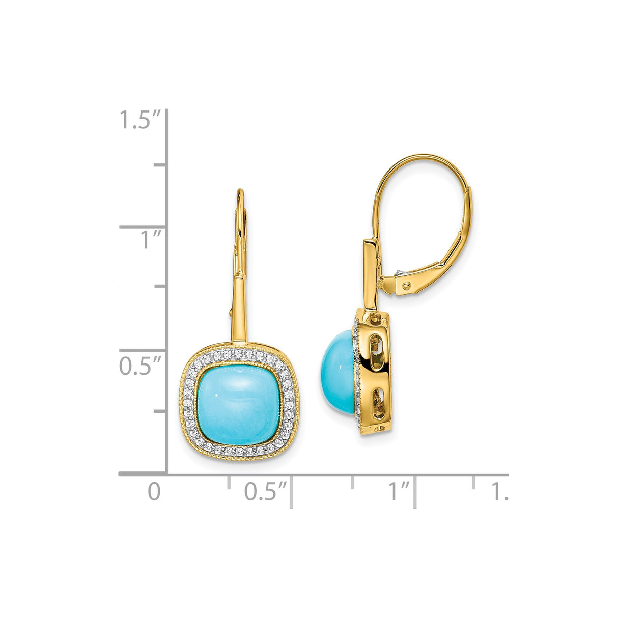 14k Yellow Gold Dangle Earrings with Cushion Cut Turquoise and Diamond Halo Accents