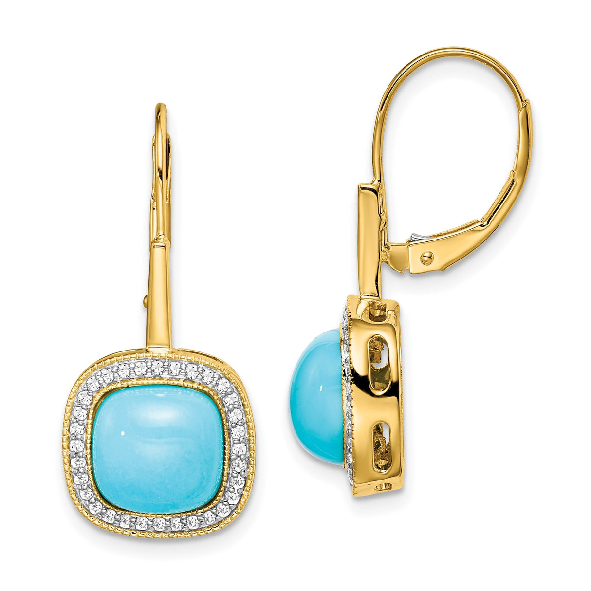14k Yellow Gold Dangle Earrings with Cushion Cut Turquoise and Diamond Halo Accents