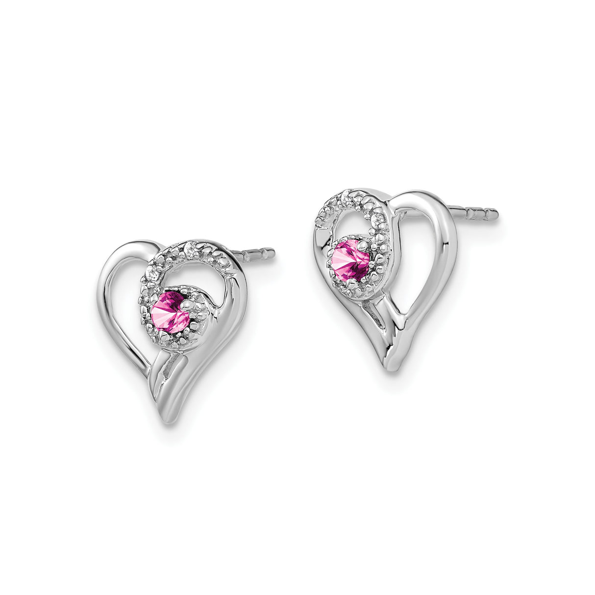 14k White Gold Heart Stud Earrings with Pink Sapphire and Diamond Accents