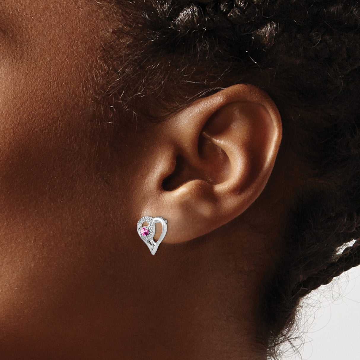 14k White Gold Heart Stud Earrings with Pink Sapphire and Diamond Accents