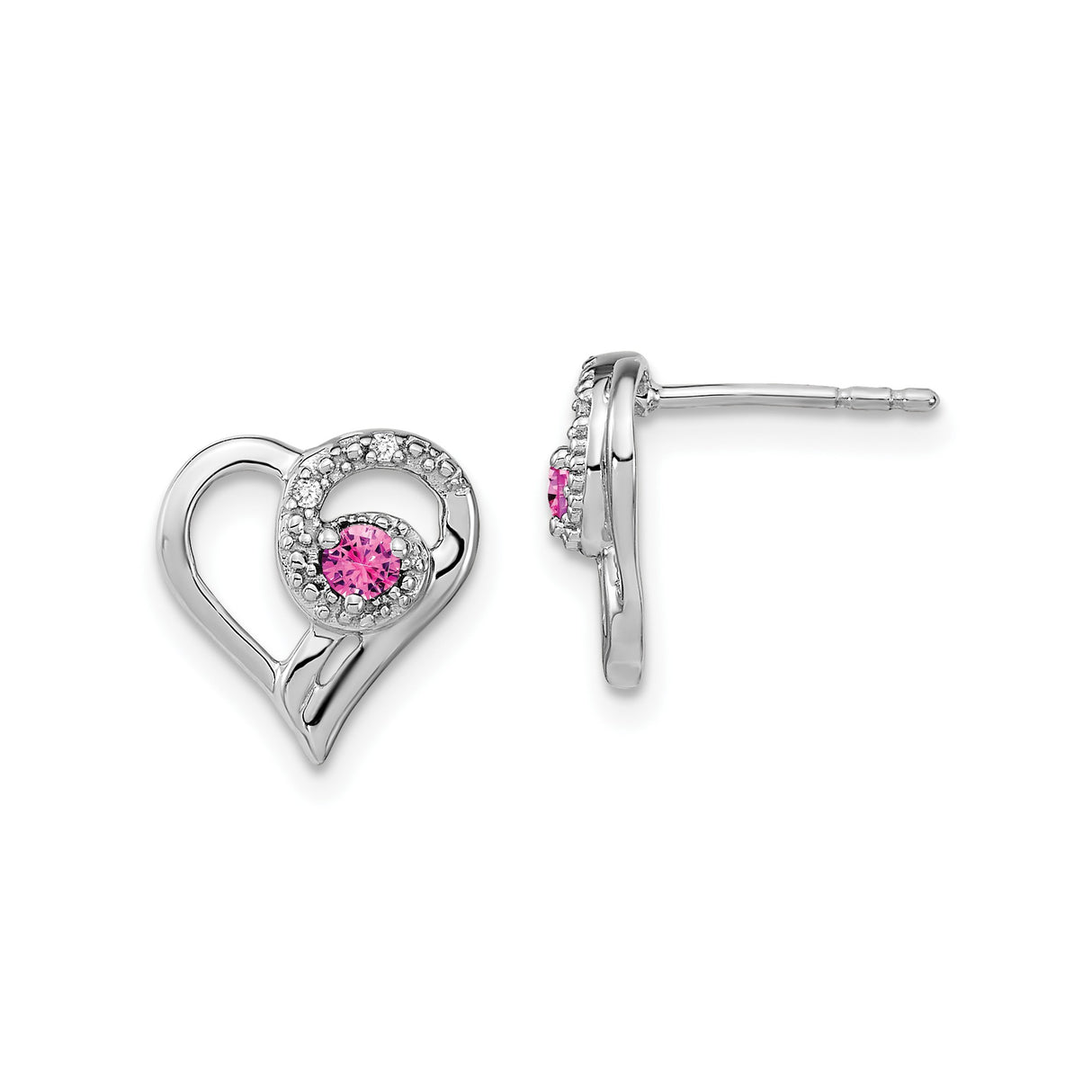 14k White Gold Heart Stud Earrings with Pink Sapphire and Diamond Accents