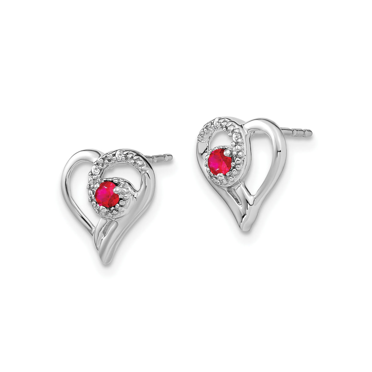 14k White Gold Heart Shaped Stud Earrings with Ruby Center and Diamond Accents