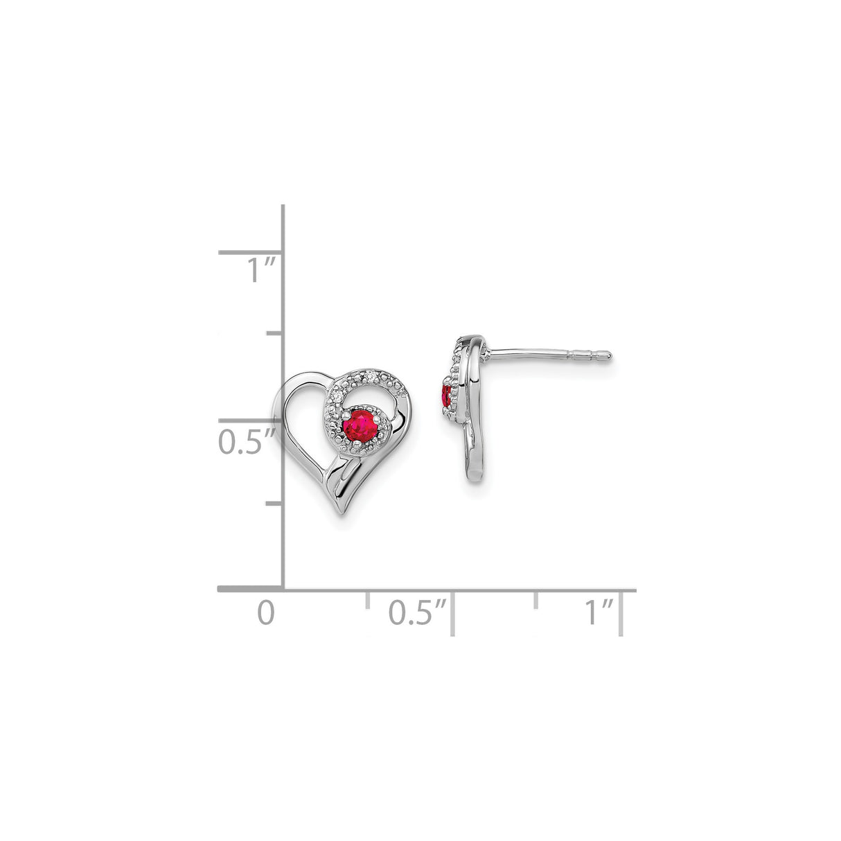 14k White Gold Heart Shaped Stud Earrings with Ruby Center and Diamond Accents