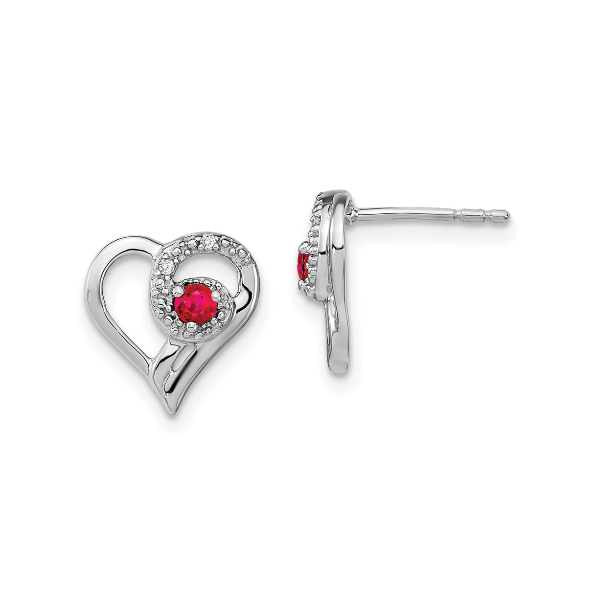 14k White Gold Heart Shaped Stud Earrings with Ruby Center and Diamond Accents