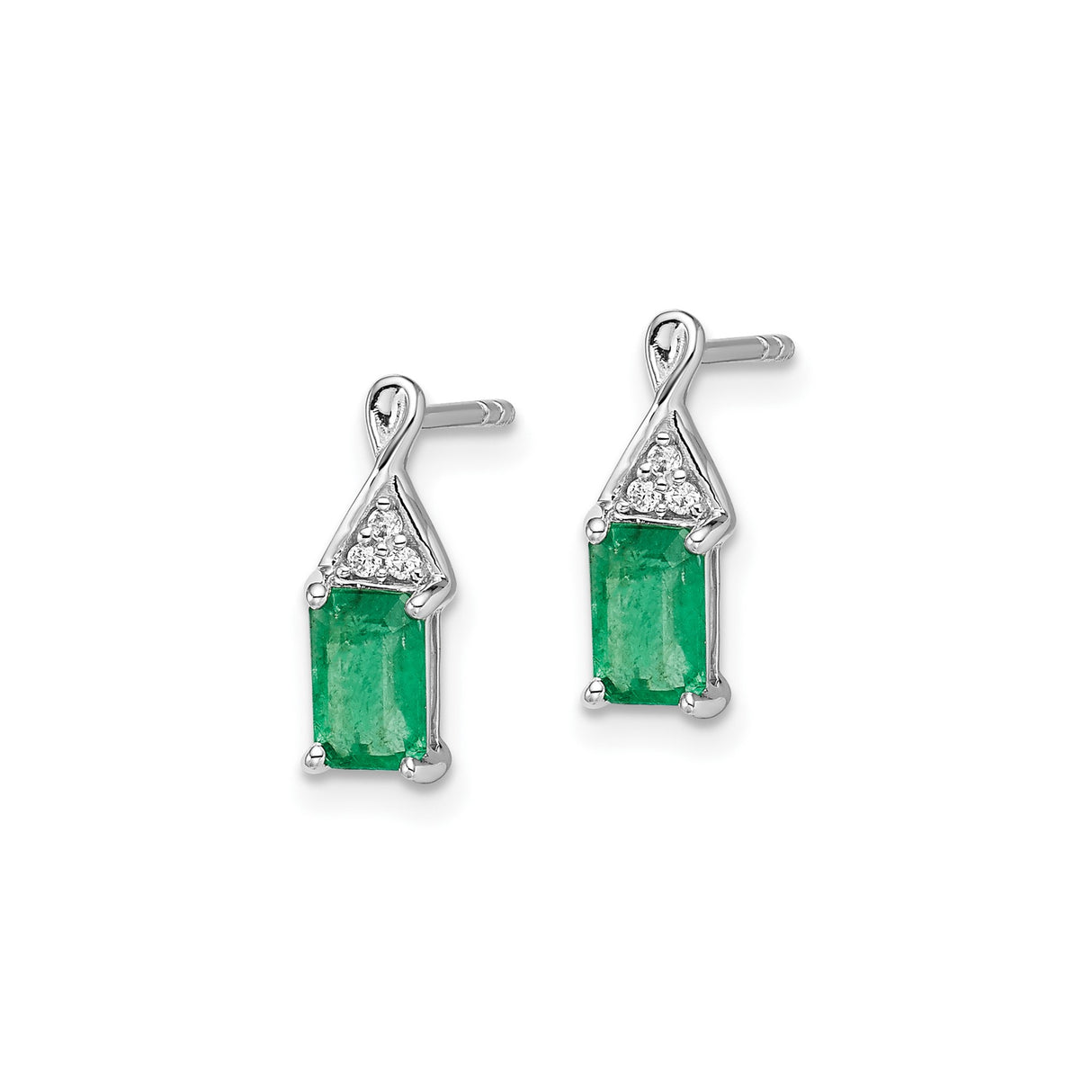 14k White Gold Emerald Stud Earrings with Triangle Accent Diamonds
