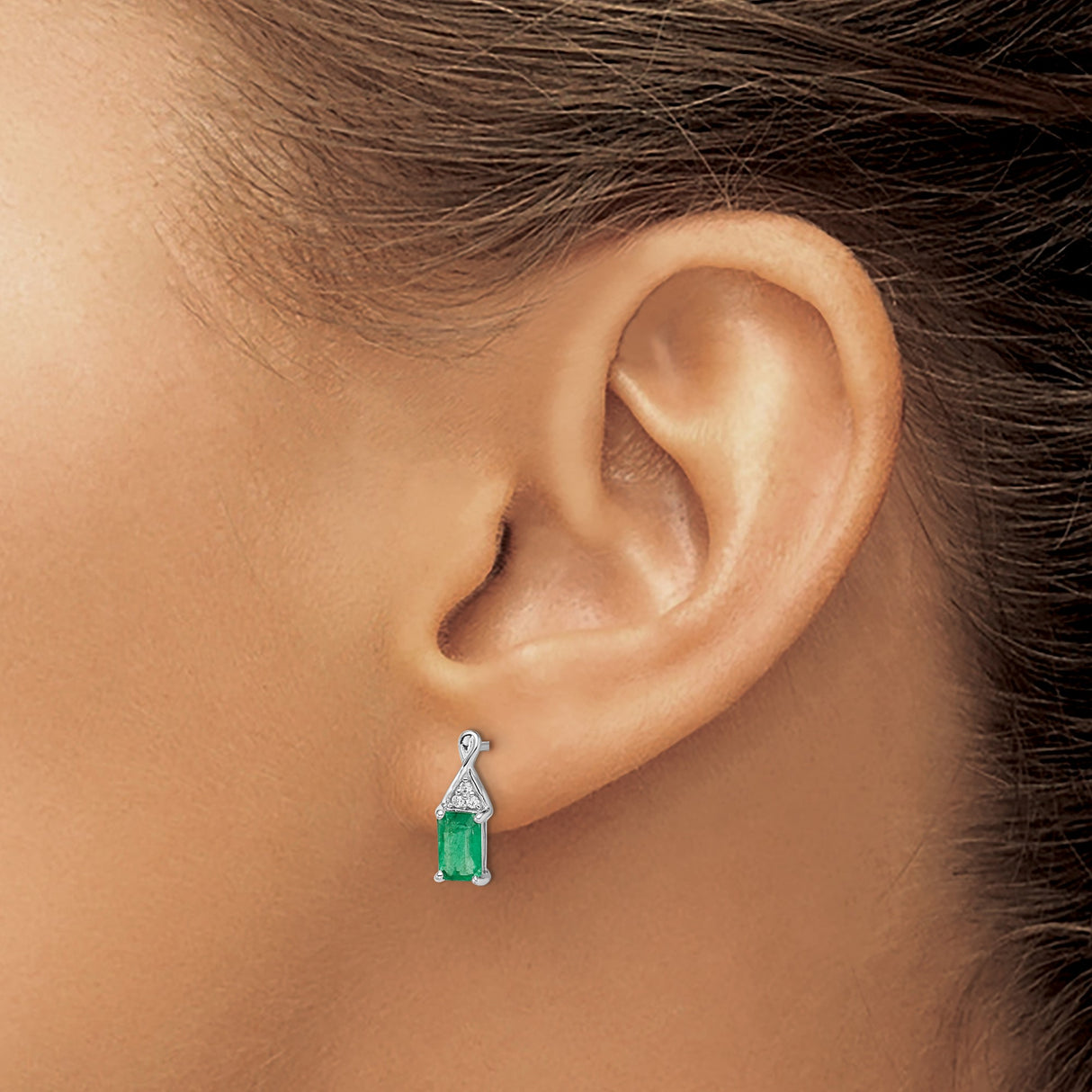 14k White Gold Emerald Stud Earrings with Triangle Accent Diamonds