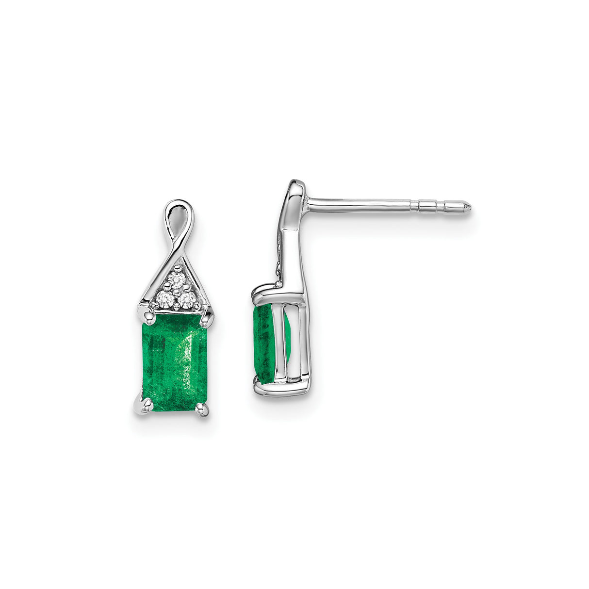 14k White Gold Emerald Stud Earrings with Triangle Accent Diamonds