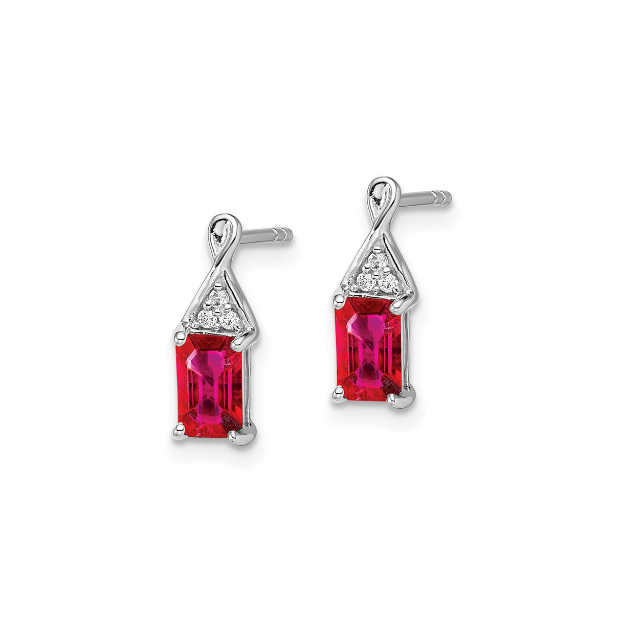 14k White Gold Dangle Earrings with Emerald Cut Ruby, Diamond Accents, Swirl Top Design