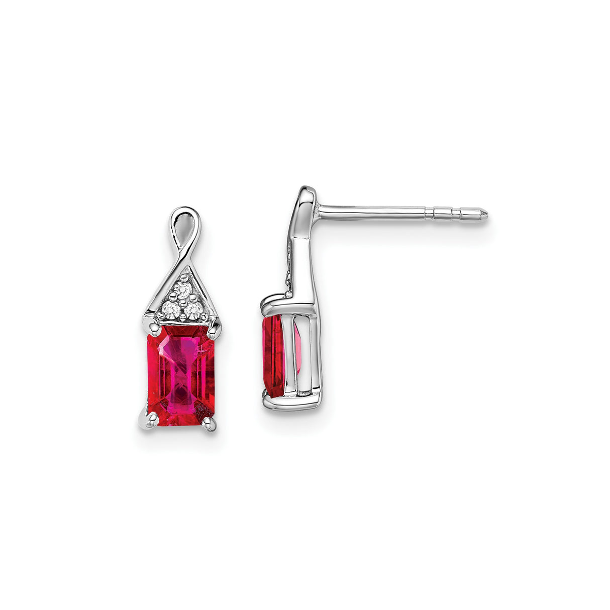 14k White Gold Dangle Earrings with Emerald Cut Ruby, Diamond Accents, Swirl Top Design