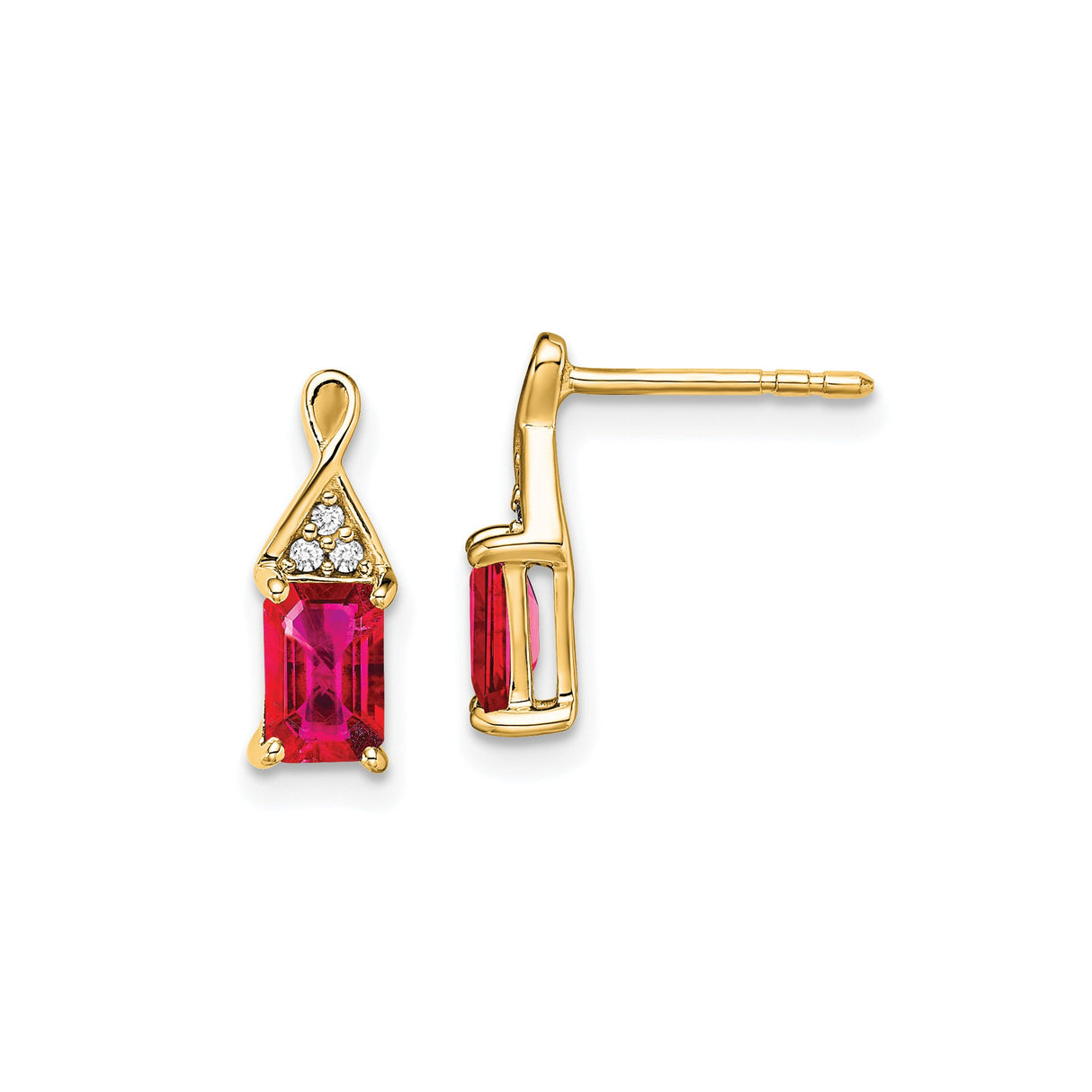 14k Yellow Gold Dangle Stud Earrings with Ruby and Diamond Accents, Twisted Ribbon Design