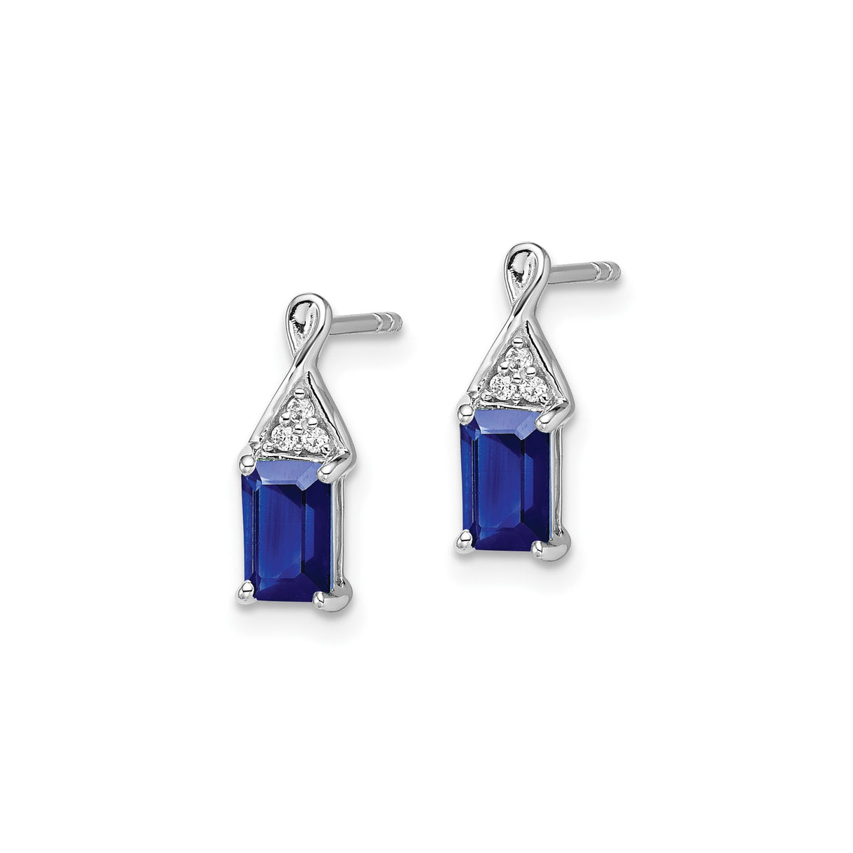 14k White Gold Stud Earrings with Blue Sapphires and Diamond Accents, Loop Design