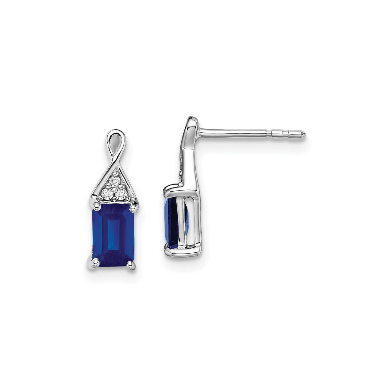 14k White Gold Stud Earrings with Blue Sapphires and Diamond Accents, Loop Design