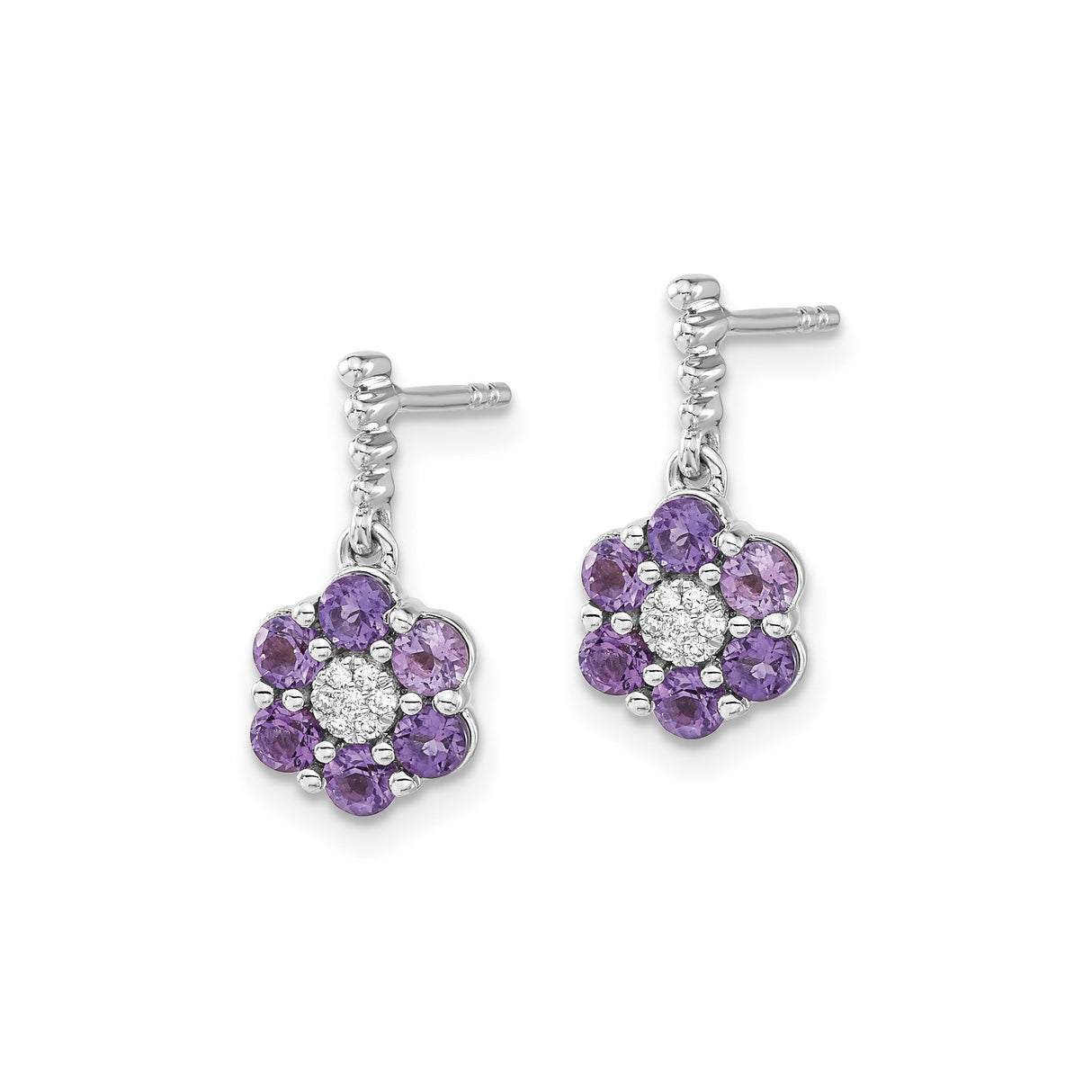 14k White Gold Drop Earrings with Amethyst and Diamond Accents, Floral Design