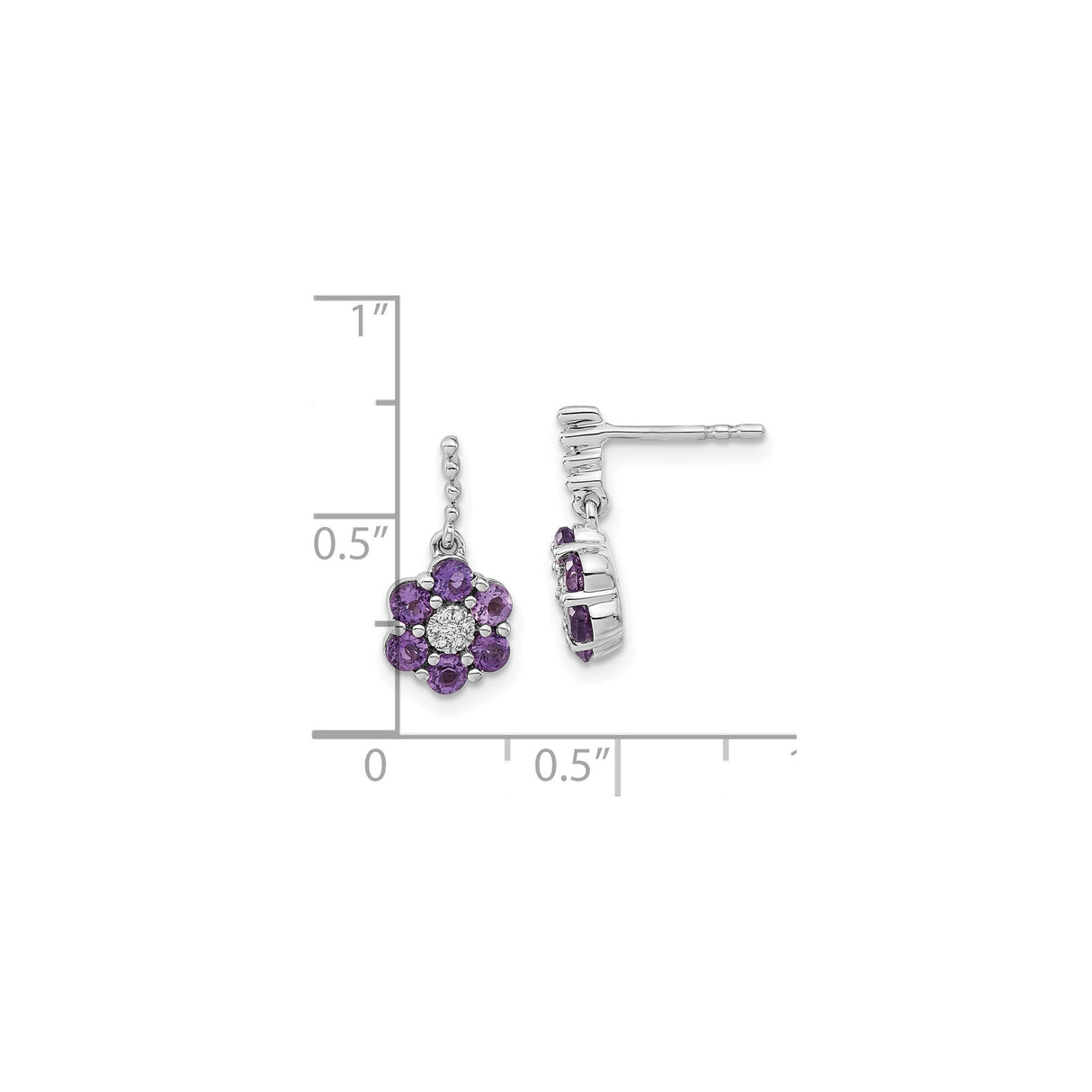 14k White Gold Drop Earrings with Amethyst and Diamond Accents, Floral Design