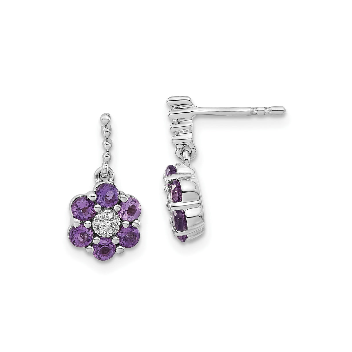 14k White Gold Drop Earrings with Amethyst and Diamond Accents, Floral Design