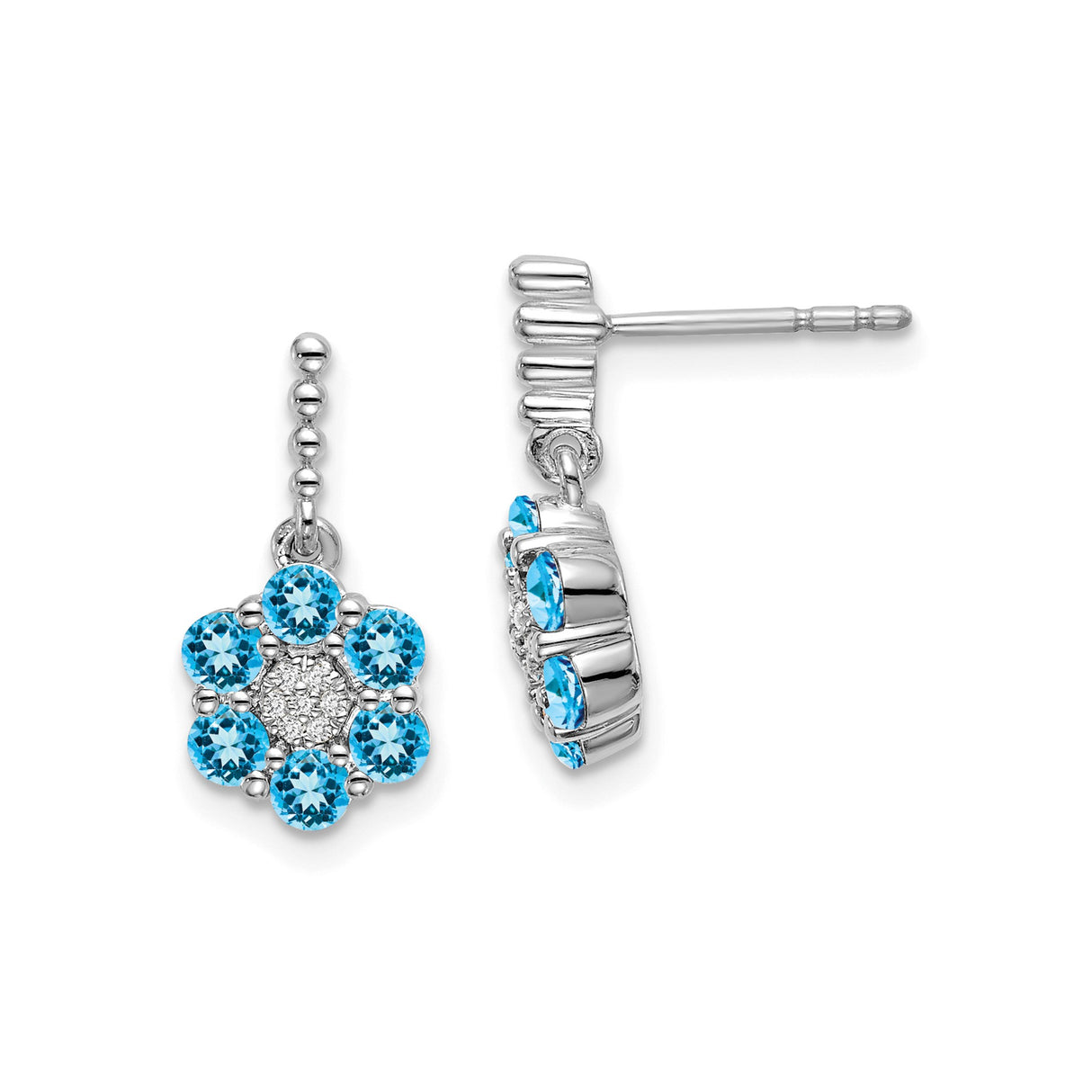 14k White Gold Dangle Stud Earrings with Swiss Blue Topaz and Diamond Floral Design