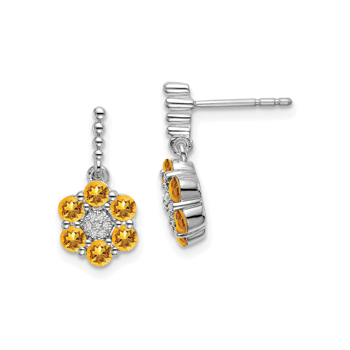 14k White Gold Dangle Earrings with Citrine and Diamond Accents, Floral Drop Design