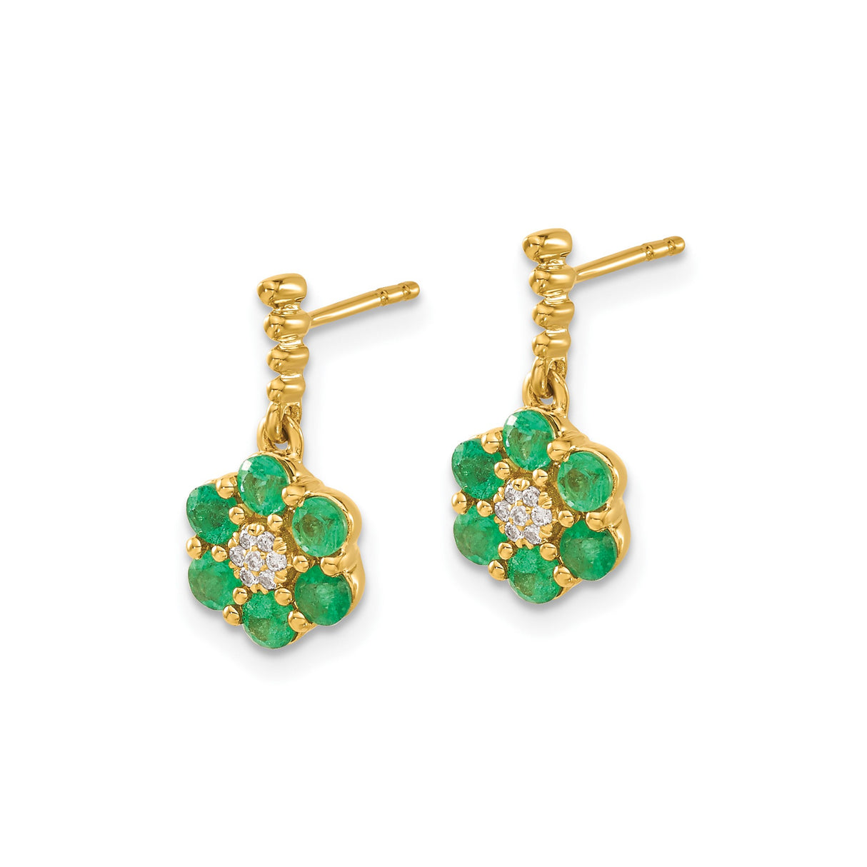 14k Yellow Gold Drop Earrings with Emerald and Diamond Accents, Floral Design for Women