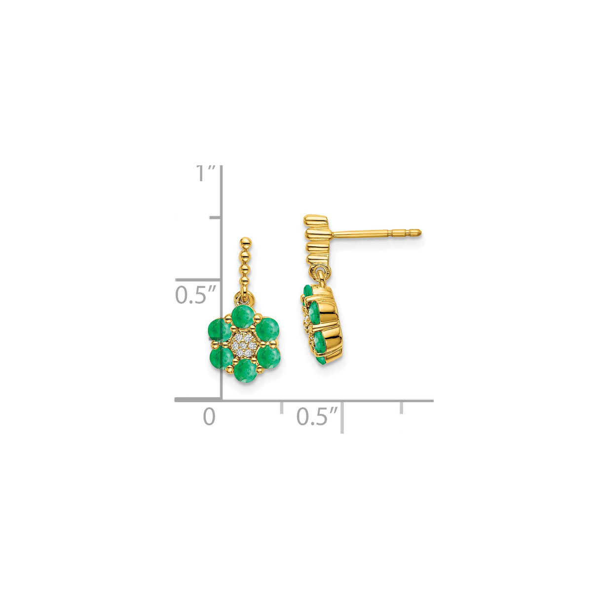 14k Yellow Gold Drop Earrings with Emerald and Diamond Accents, Floral Design for Women