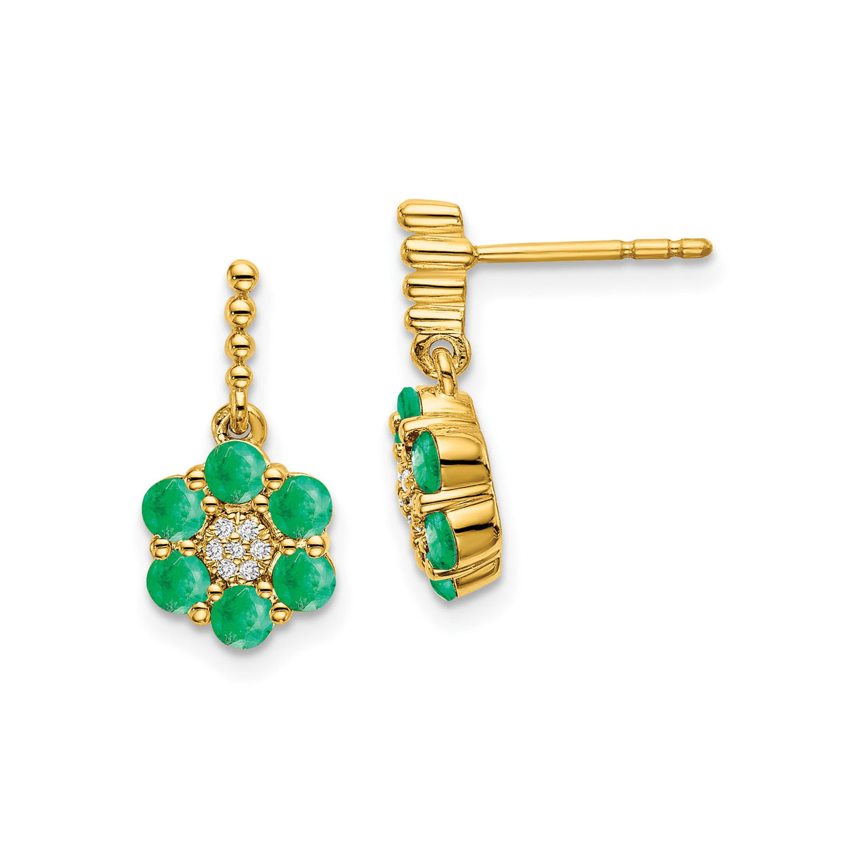 14k Yellow Gold Drop Earrings with Emerald and Diamond Accents, Floral Design for Women