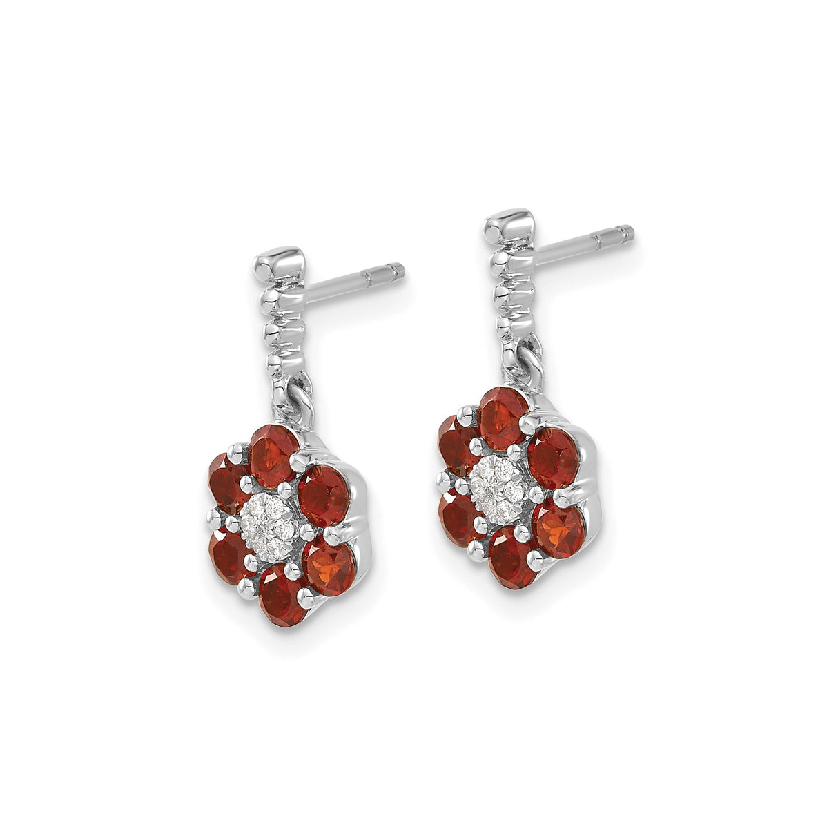 14k White Gold Dangle Earrings with Garnet and Diamond Accents, Floral Design for Women