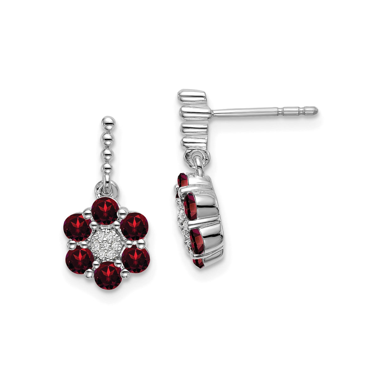 14k White Gold Dangle Earrings with Garnet and Diamond Accents, Floral Design for Women