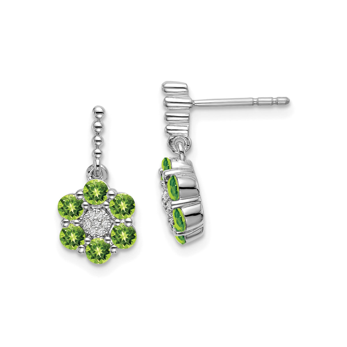 14k White Gold Dangle Earrings with Peridot and Diamond, Floral Design for Women