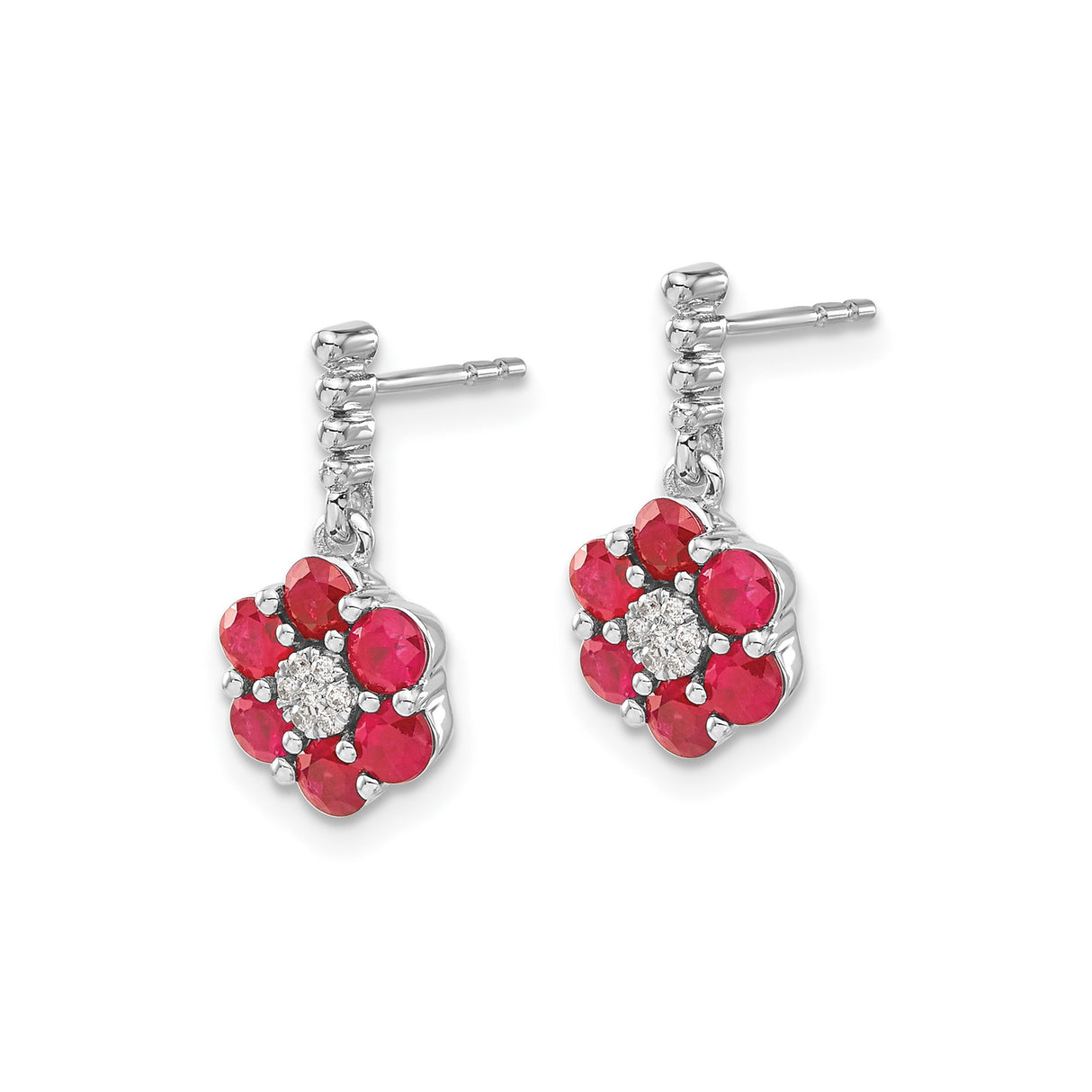 14k White Gold Drop Earrings with Ruby and Diamond Accents, Floral Design for Women